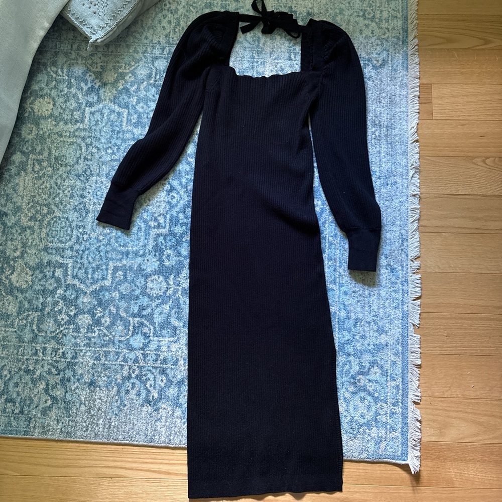 Charles Henry Black Midi Dress with Puff Sleeves